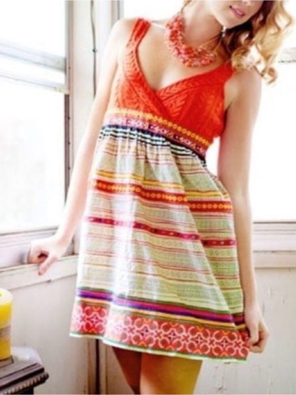 Free People size 6 Boho Vintage Orange cable knit tank top multi striped Dress - Picture 1 of 5